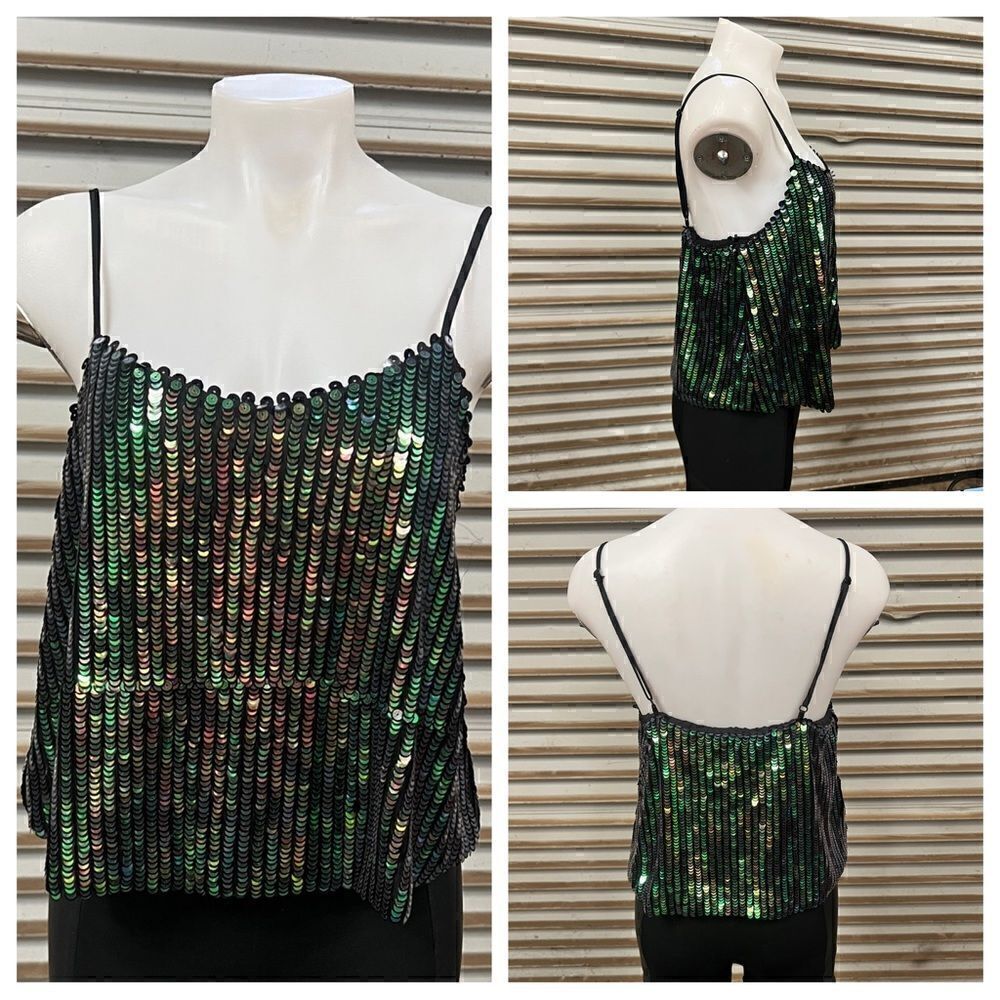 Glamorous woman’s Green scale sequin Cami spaghetti strap top size medium